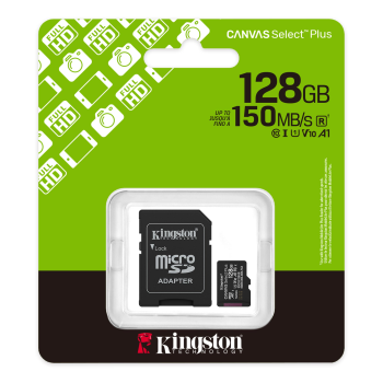 Kingston Canvas Select Plus Gen3 128GB microSD Memory Card (UHS-I 150 MB/s read) + Adapter