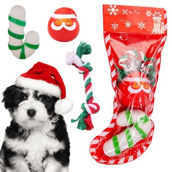 Dog toy set 3 pcs – tug rope, chew candy cane, Santa squeaker, Xmas gift