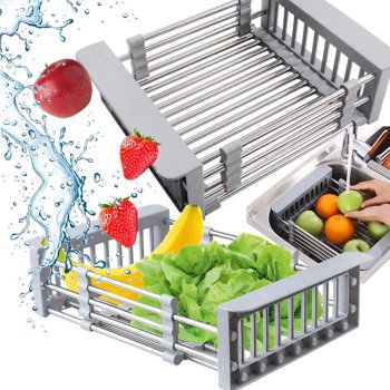 Telescopic dish drainer and sink rack, basket for fruits and vegetables, grey