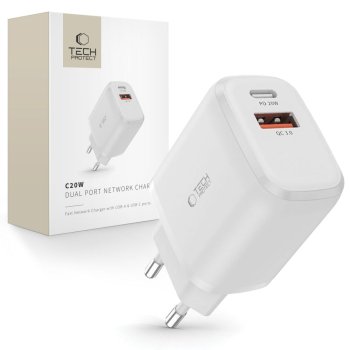 Tech-Protect C20W charger USB-C PD 20W / USB-A QC 3.0 - white