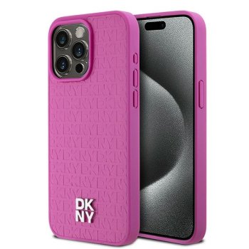 Apple iPhone 15 Pro Max 6.7'' DKNY Leather Monogram Pattern Metal Logo MagSafe Case Cover, Pink