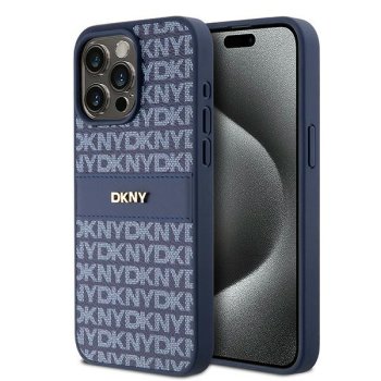 Apple iPhone 15 Pro Max 6.7'' DKNY Leather Mono Stripe Metal Logo Case Cover, Blue