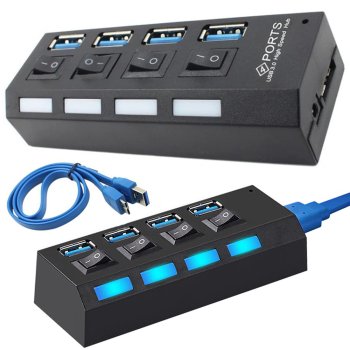 USB hub with 4 USB 3.0 ports and switches, black
