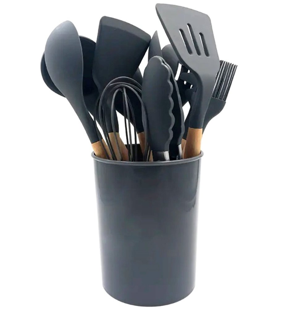 Kitchen Utensil Set, 12 Pieces, Wood and Silicone, Dark Grey (1)