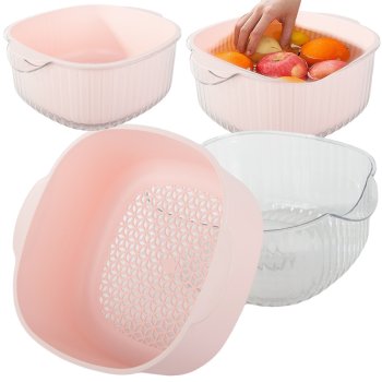 Double Bowl with Strainer for Washing Fruits, Plastic, Ecru/Pink/Green