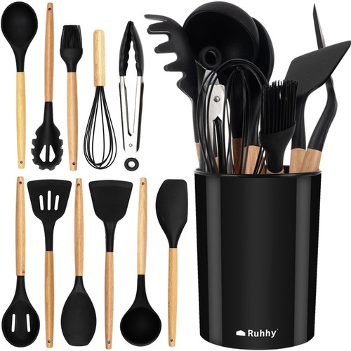 Kitchen Utensils Set, 12 pcs, Black and Beige, Silicone and Wood