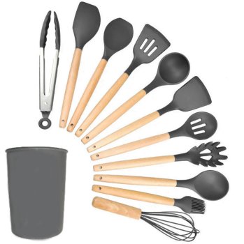 Kitchen Utensil Set, 12 Pieces, Wood and Silicone, Dark Grey