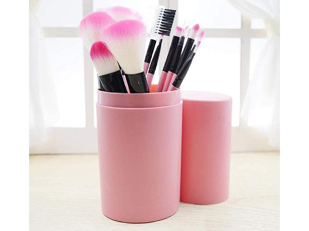 Professional 12-Piece Makeup Brush Set with Case, Pink (1)