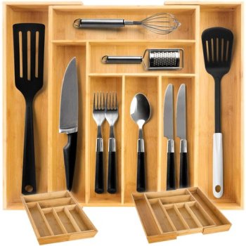 Ruhhy Wooden Cutlery Storage Tray for Drawers, Bamboo Cutlery Organizer with 6 to 8 Compartments