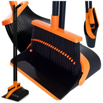 Long Handle Broom and Dustpan Set 2-in-1 Upright Sweeper, Black-Orange