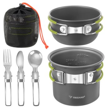 Lightweight Camping Cookware Set Trizand 1.2L, grey silver green