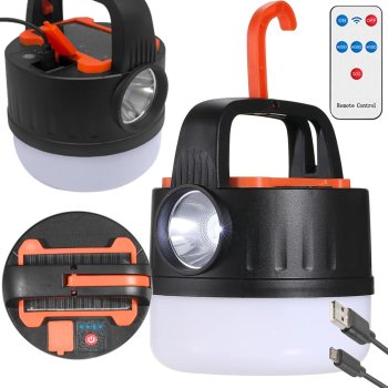 LED camping lantern rechargeable with USB, solar panel and remote control
