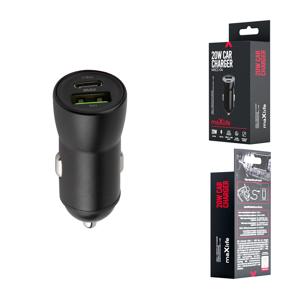 Maxlife MXCC-04 Quick Car Charger USB Type C + USB 20W, Black (0)