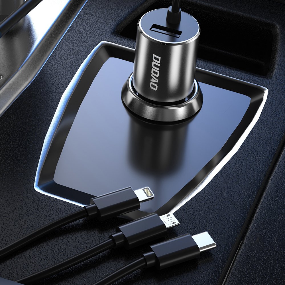 Dudao 3in1 USB Car Charger 3,4A Built-in Cable Lightning / USB Type C / micro USB, Black (3)