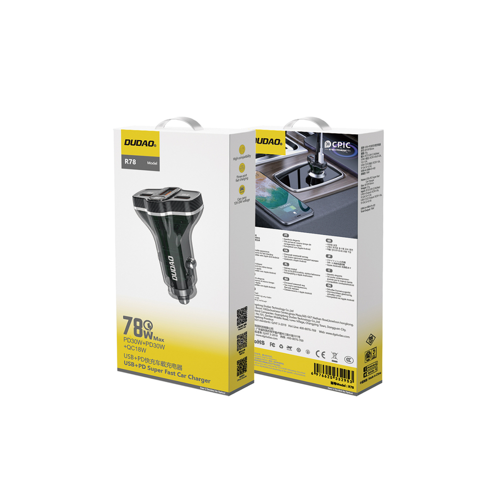 Dudao R78 78W Car Charger USB-C PD / 2xUSB-A QC - Black (0)