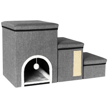 3-Step Cat Stairs with Cozy House and Scratcher House 3