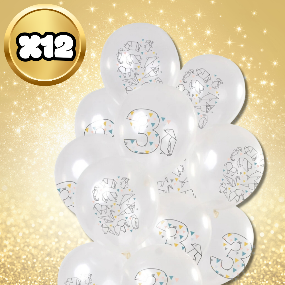 Transparent 3rd Birthday Balloons with Origami Print, 12 Pack (3)