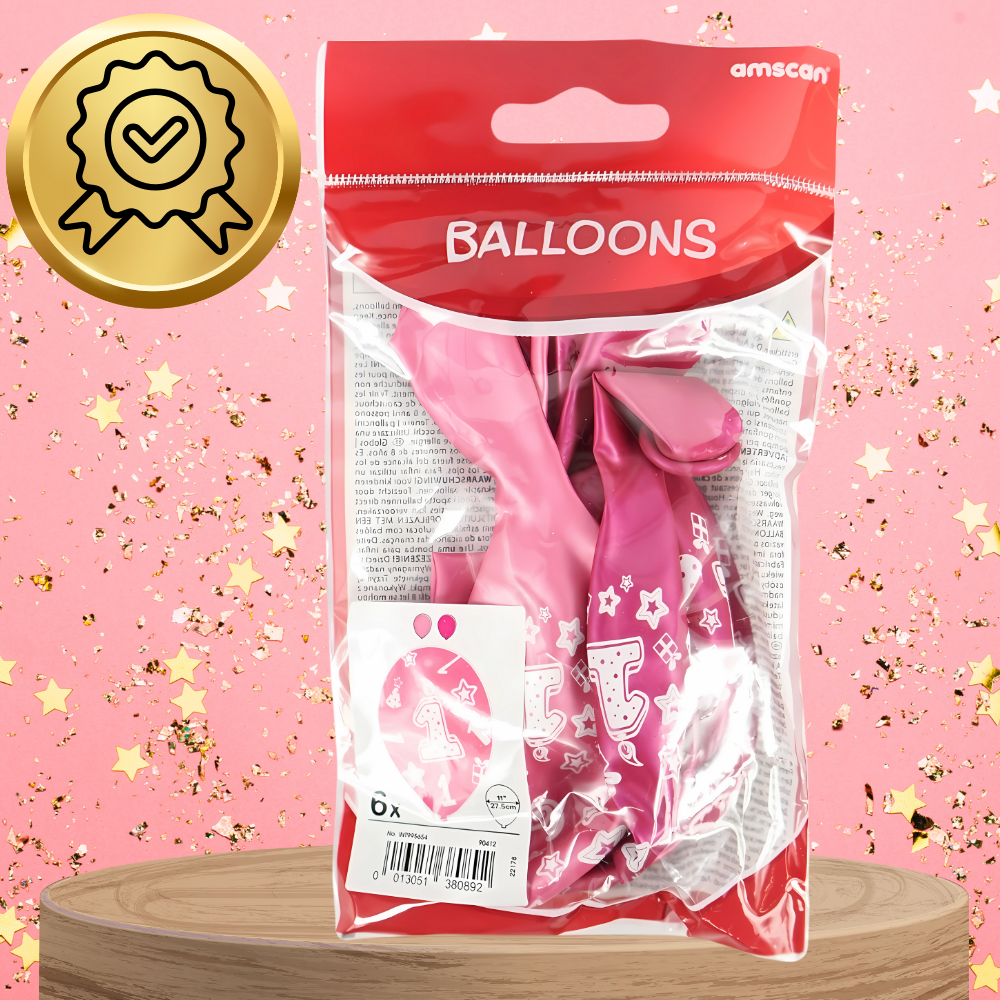 First Birthday Latex Balloons with Number 1 Print, 6 Pack, Pink (1)