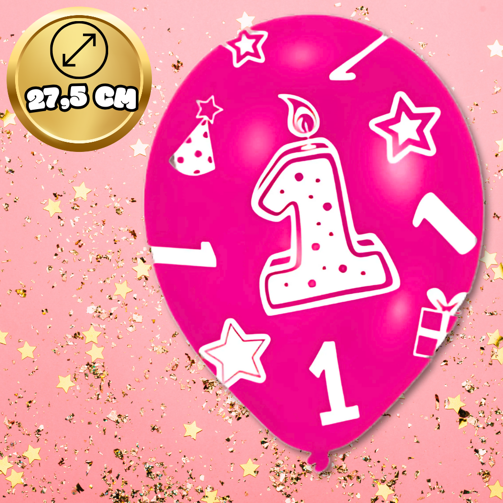 First Birthday Latex Balloons with Number 1 Print, 6 Pack, Pink (3)
