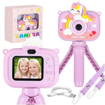 Kids Digital Camera with Tripod and Selfie Cam, Unicorn Toy for Girls, Purple