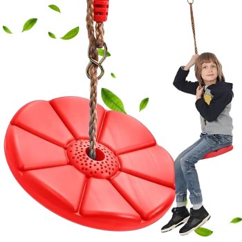 Children's garden swing with round plastic seat and adjustable rope red