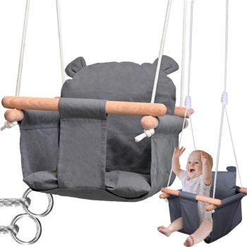 Wooden bucket swing for children with soft seat and safety belt, grey