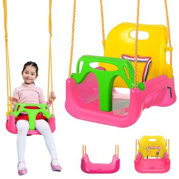 Adjustable 3-in-1 garden swing for children with backrest pink