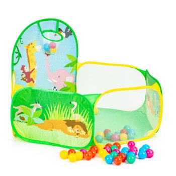 IPLAY Kids Ball Pit Play Tent with 50 Balls and Basketball Hoop