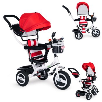 ECOTOYS 3-in-1 Toddler Tricycle with Push Handle and Canopy, Red