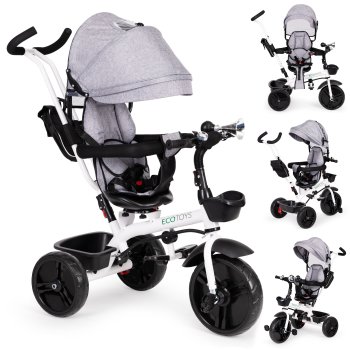 ECOTOYS 3-in-1 Stroller Trike with 360° Swivel Seat and Canopy, Grey