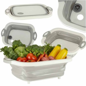 4-in-1 Collapsible Cutting Board with Sink, Camping Dish Tub with Drain Plug 5.5L