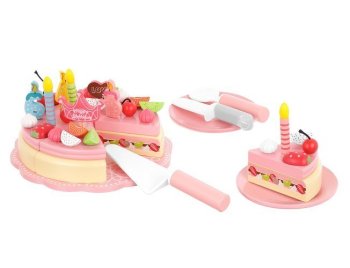 Kids Toy Wooden Birthday Party Cake with Accessories Pretend Food Set, 48 pcs.
