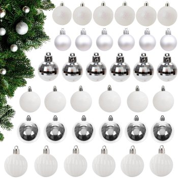 Christmas Tree Baubles, White and Silver, Unbreakable, 36 pcs Set, 6 cm