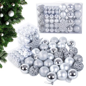 100 Pieces Christmas Tree Decoration Balls and Star Set, Silver