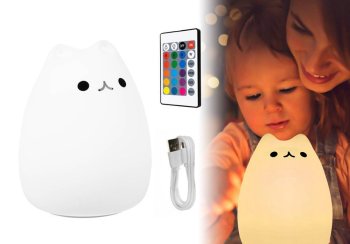 Kids Bedside Table LED Lamp Night Light with Remote USB RGB, Cat