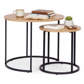 Nesting Coffee Table Set of 2 Round Industrial Living Room Tables ModernHome, Light Oak