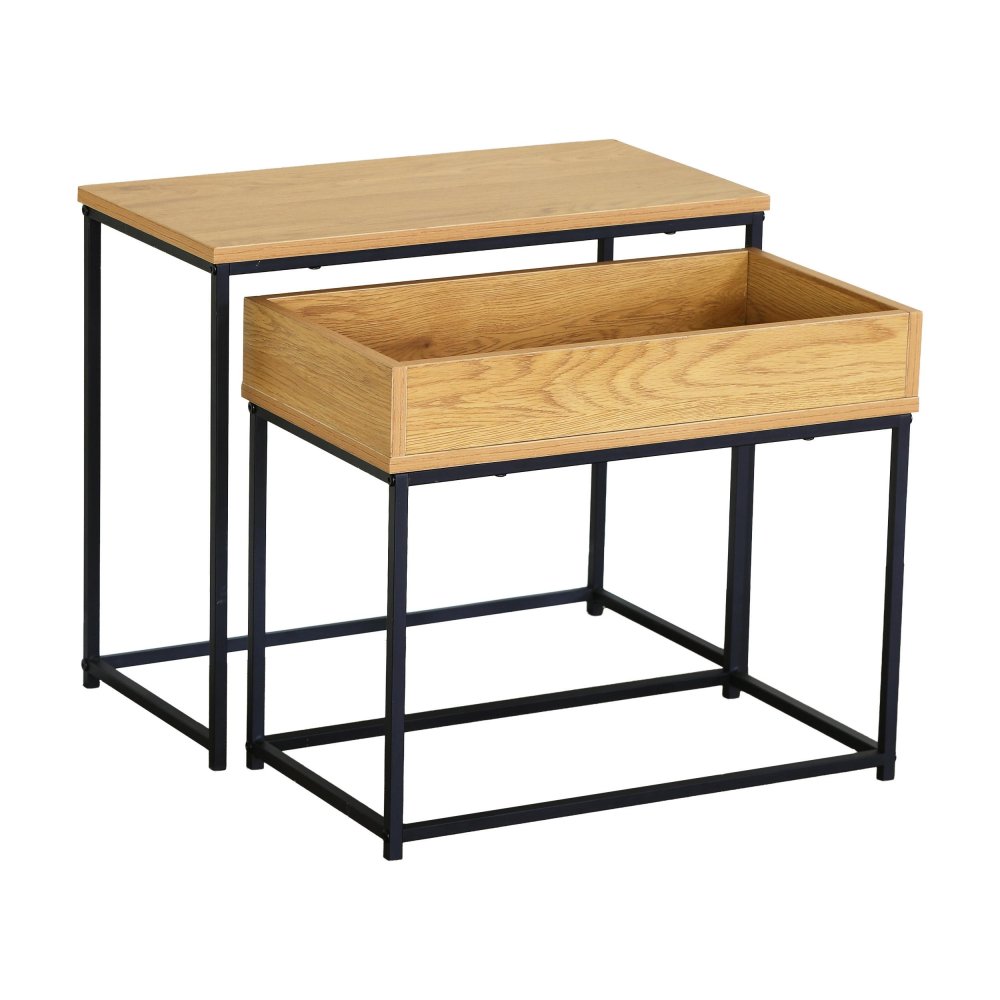 Nesting Coffee Table Set of 2 with Metal Frame, Natural Wood (0)