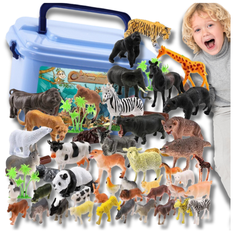 Toy Animals Figurines Zoo Wild Safari Figures Set in Trunk, 58 Pcs