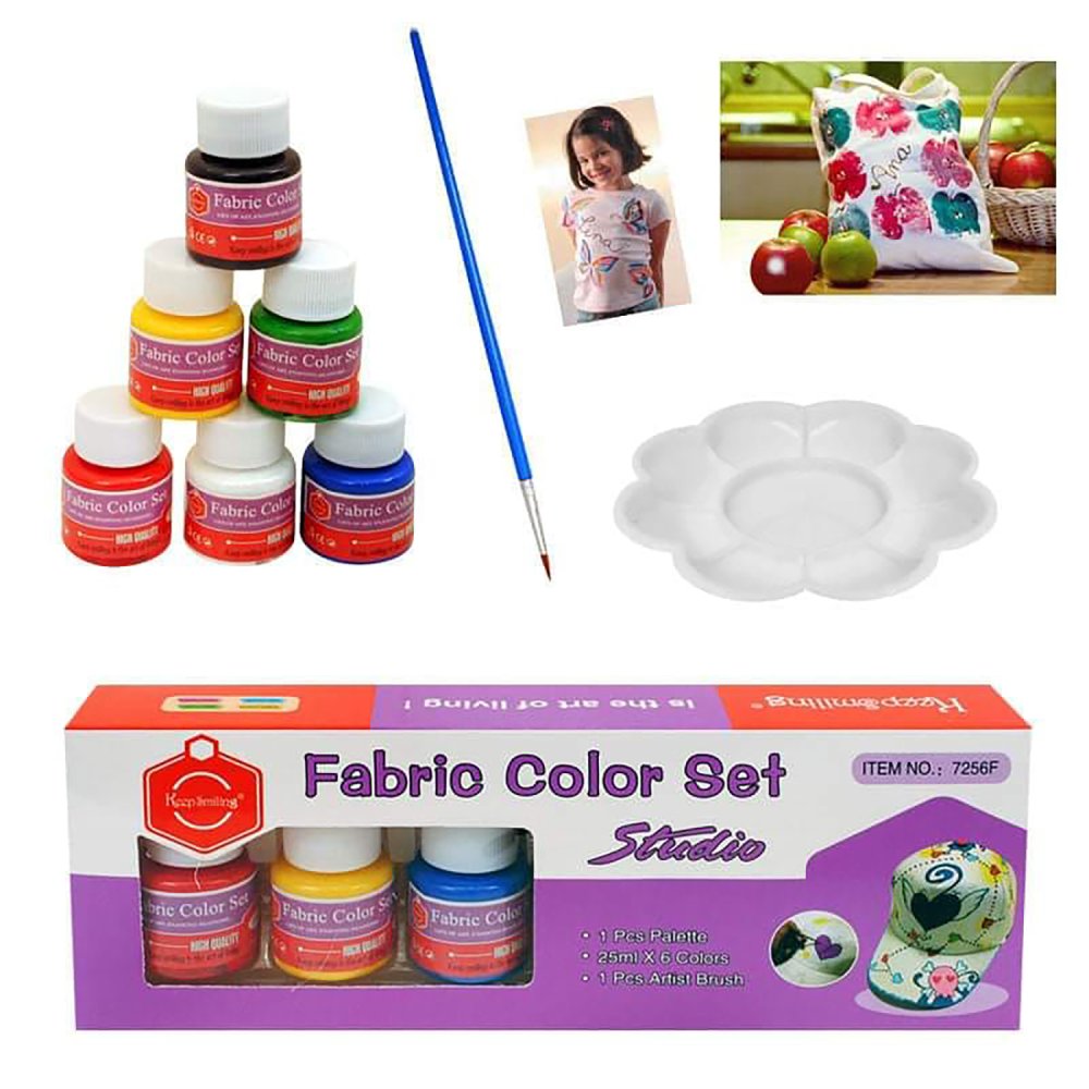 Clothes and Shoe Paints Fabric Dyes, Set of 6 Colours x 25ml + Brush and Painting Palette (6)