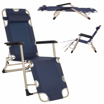 Garden Beach Deck Chair Folding Chair Sunbed with Headrest, Dark Blue