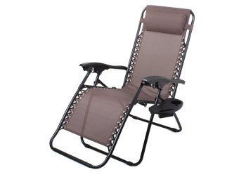 Garden Beach Deck Chair Folding Sunbed with Headrest and Cup Holder, Brown