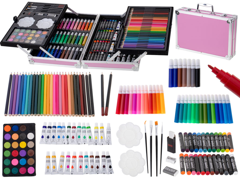 Art Set Kit (145 pcs) for Painting with Metal Suitcase, pink