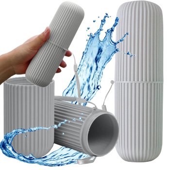 Travel toothbrush case and toothpaste holder with rinse cup, grey