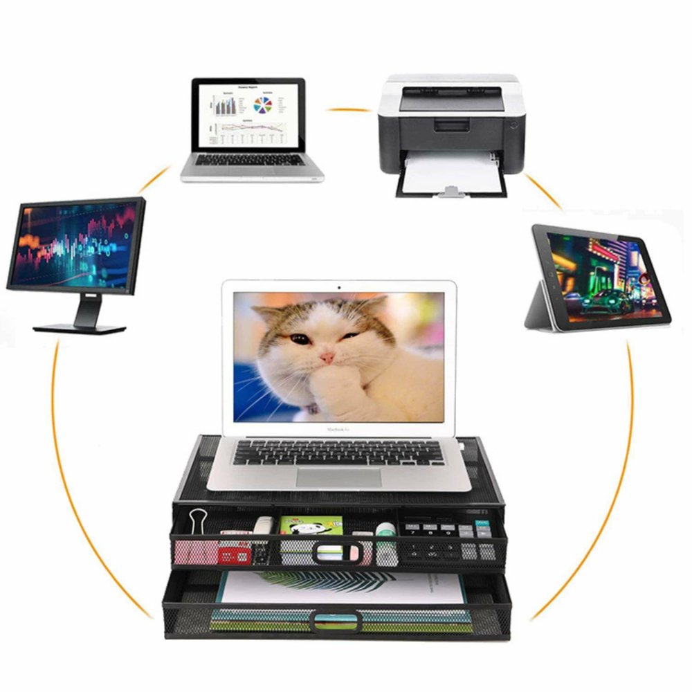 Metal Monitor Stand with 2 Drawers, Desk Organizer, black (3)