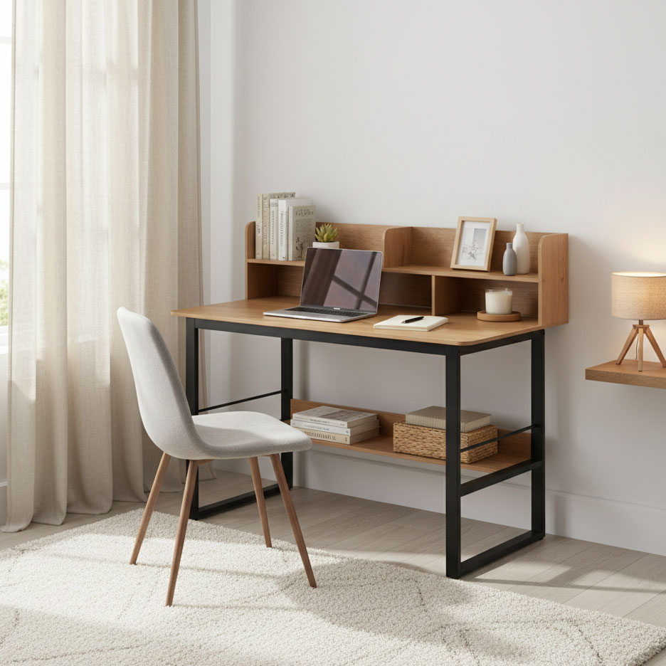 ModernHome Computer Desk with Hutch 120x60 cm Loft Style, Light Oak (1)