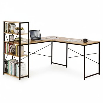 ModernHome Corner Desk with 4 Shelves L-Shaped Computer Desk, Light Oak