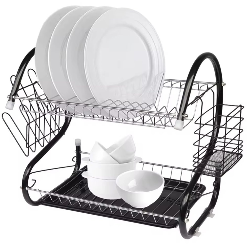 Two-level Double Metal Dish Dryer Rack Shelf, Black (2)