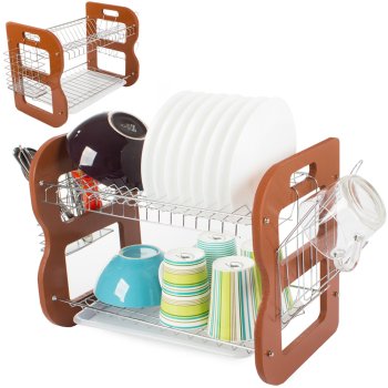 2-Tier Wooden Dish Drying Rack, Drainer with Cutlery Holder