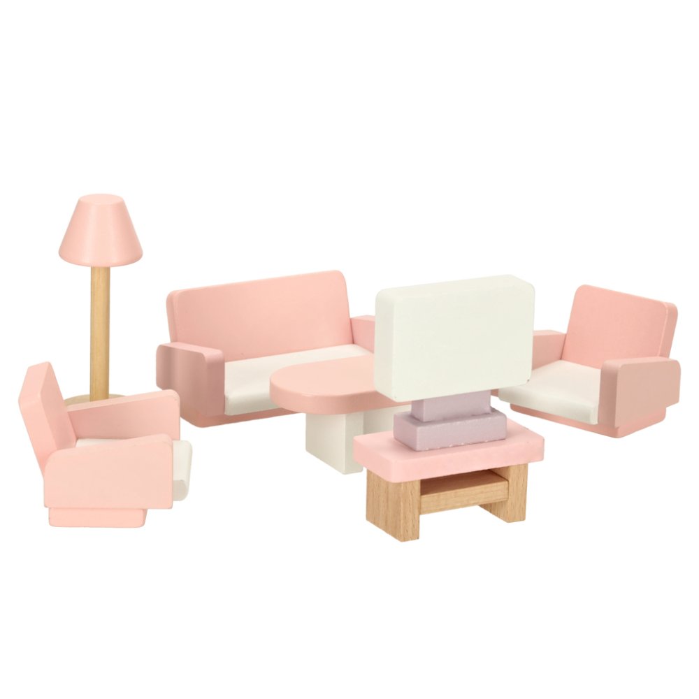 Wooden Dollhouse Furniture, 4-Room Set with 22 Accessories, Pink (0)