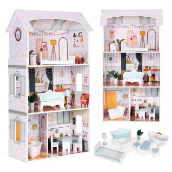 Wooden Dollhouse Alice, 3 Floors, 4 Rooms, 9 Furniture Pieces, ECOTOYS